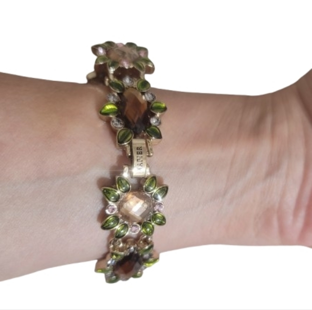 Vintage Napier Rhinestone Bracelet Green Glass Leaves Gold Tone Signed ”